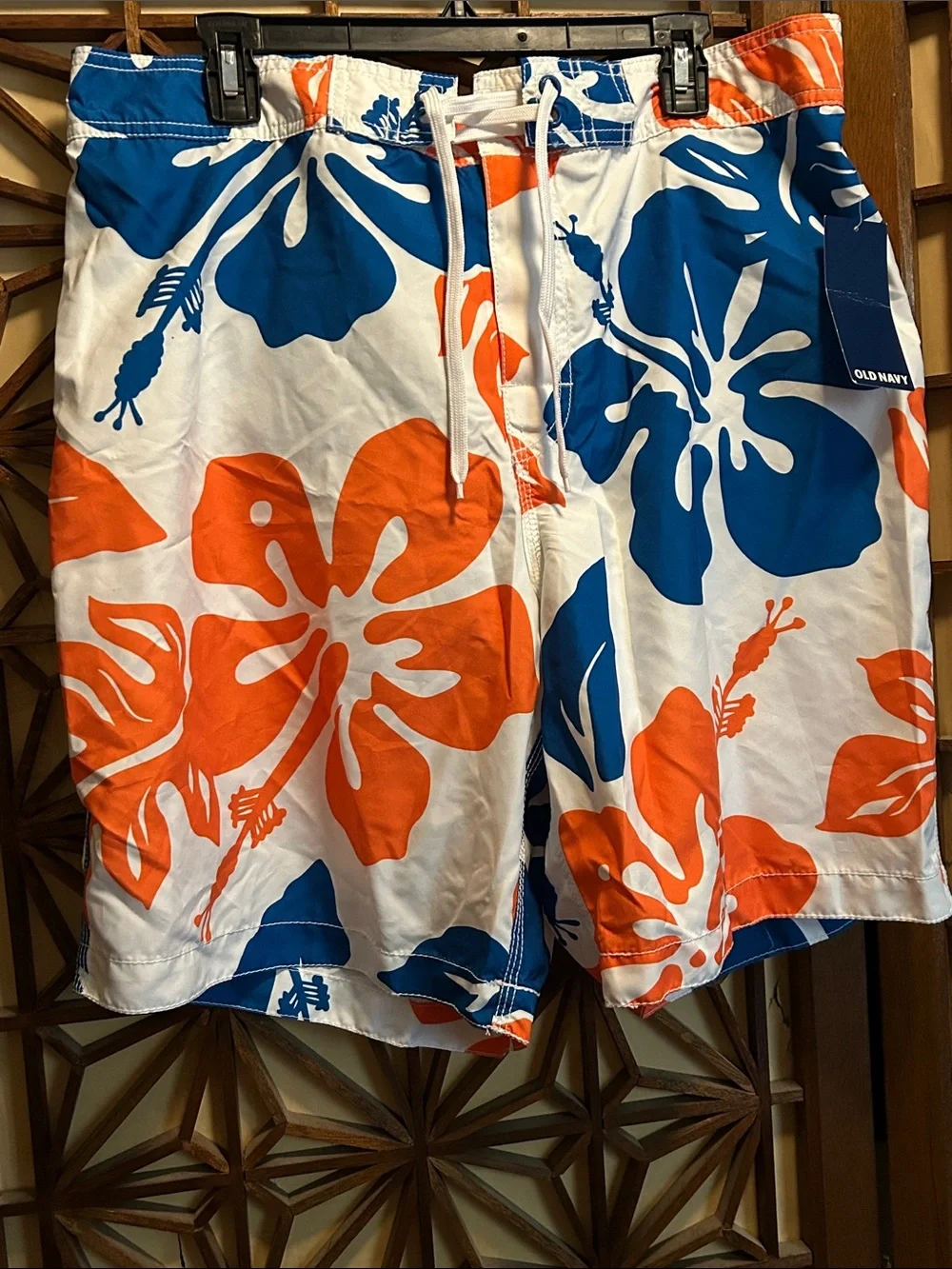 Old Navy White Swim Shorts with Blue & Orange Hibiscus Print XL NWT